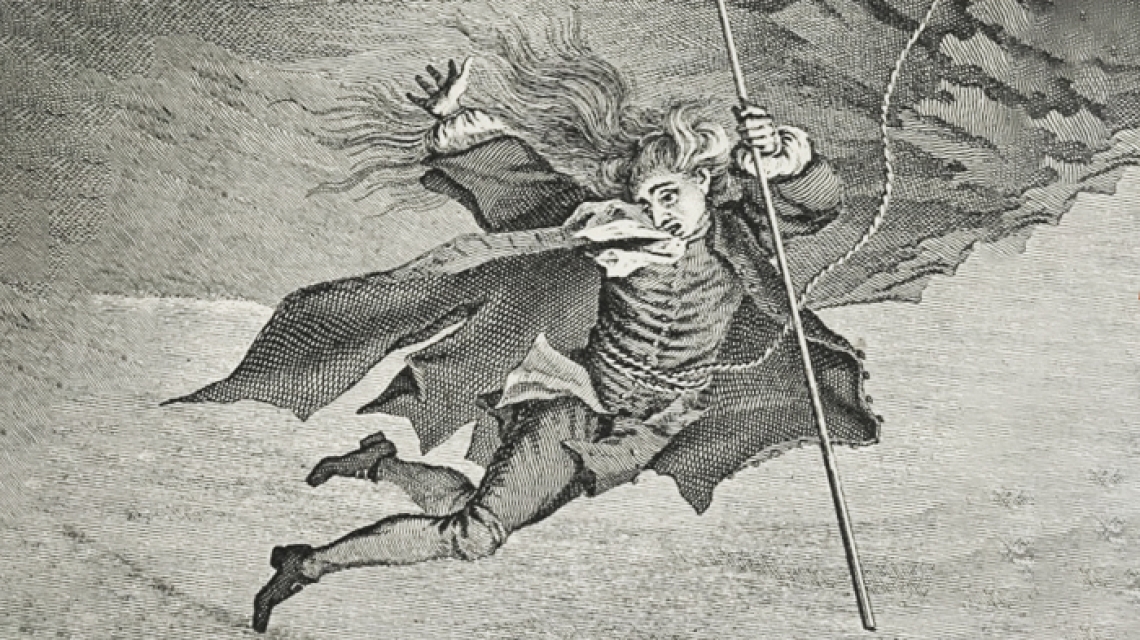 Illustration of Nils Klim, as he falls through the Maremine hole to the underworld. By J.F. Clemens, based on a drawing by Jens Juel (1789).