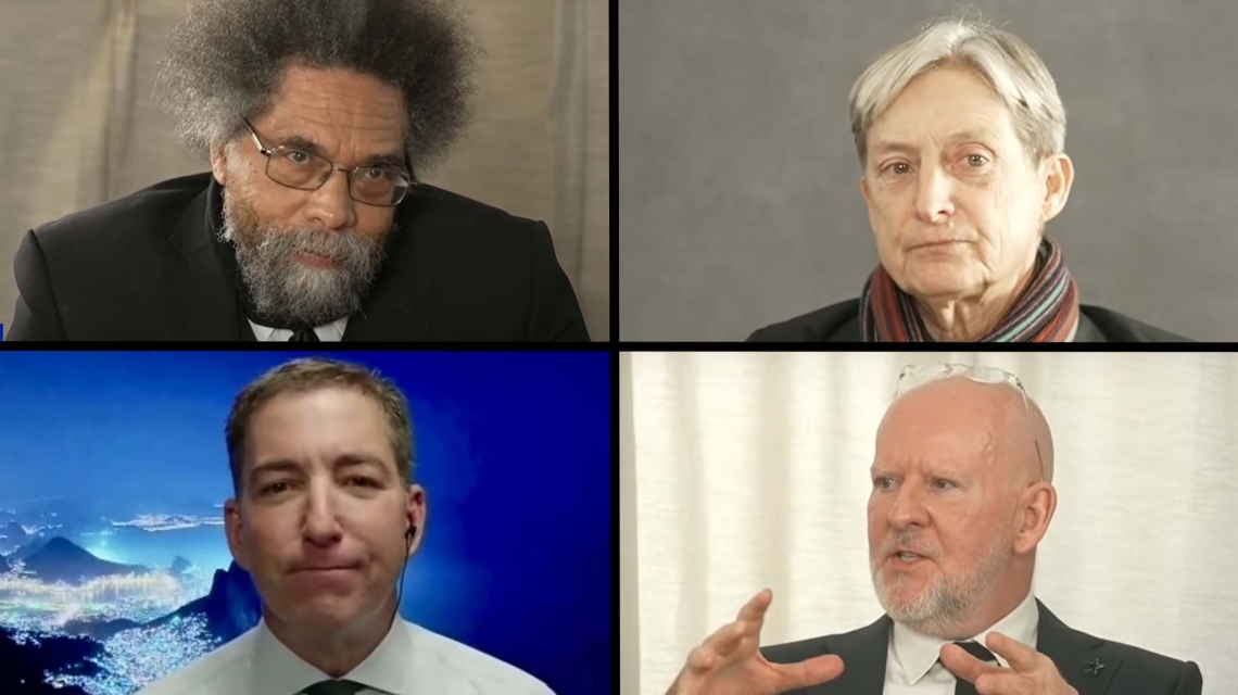 Holbergdebatten 2021. Fra venstre: Cornel West, Judith Butler, Glenn Greenwald, Simon Critchley