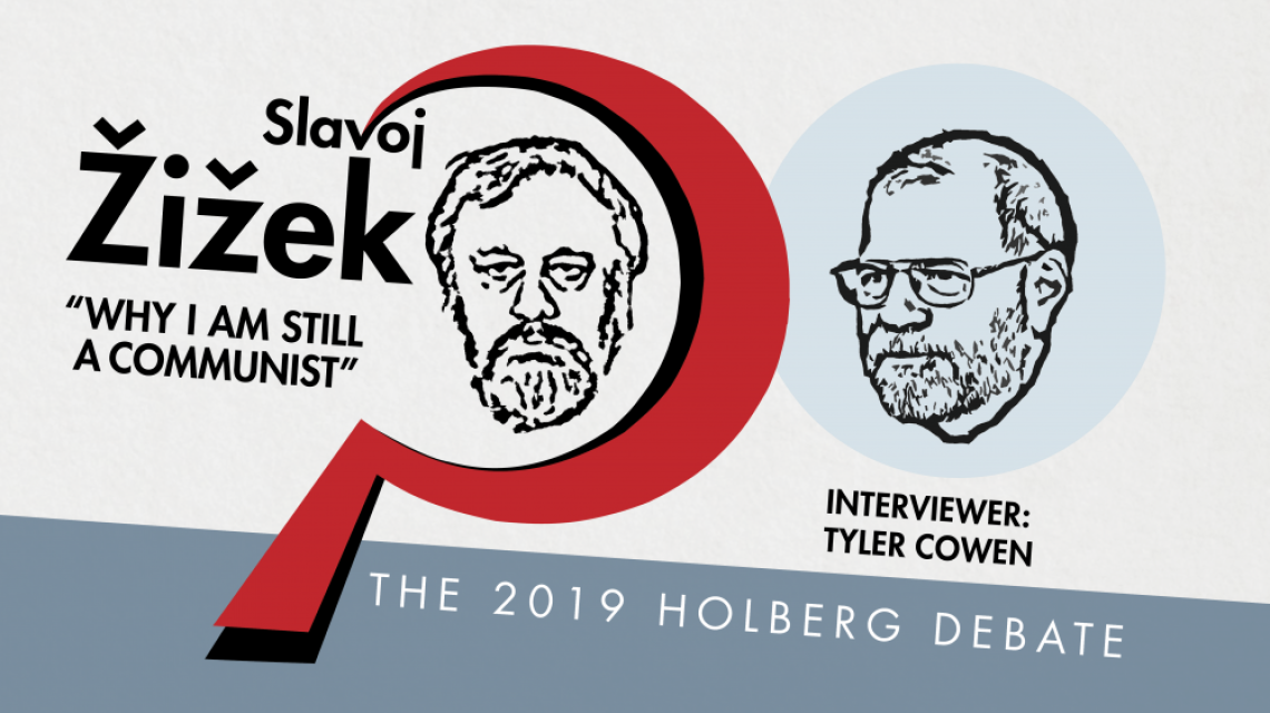 Slavoj Žižek møter Tyler Cowen under Holbergdebatten 2019. (Bilde: Holbergprisen)